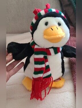 Vintage Holiday ANIMATED/MUSICAL Penguin Plush Toy - Black, White & Red Scarf